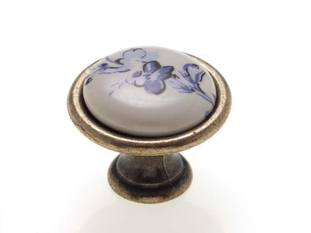 Megszűnt-BÚTORFOGANTYÚ P08.01.25.04 ÁTM:29 ANTIKOLT BRONZ-KÉK VIRÁG 0